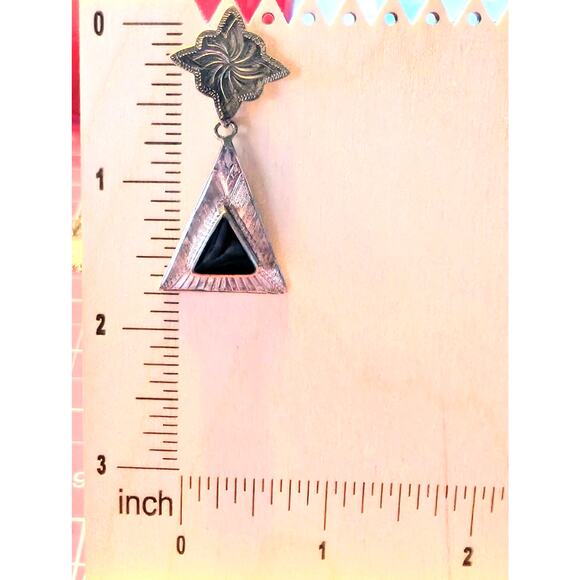 Vintage 925 LEX Sterling Silver Black Onyx Dangle Post Earrings - Picture 4 of 7